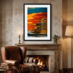 Cozy fireplace nook with abstract water reflection artwork