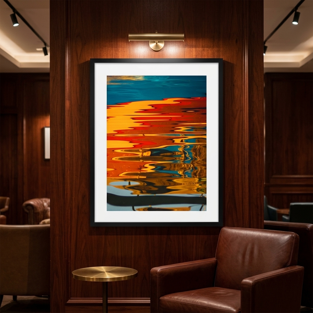 Colorful abstract water reflection artwork above leather chair