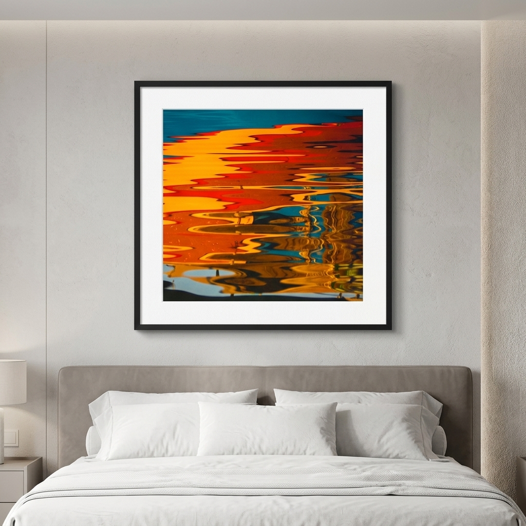 Colorful abstract water reflection artwork above a bed