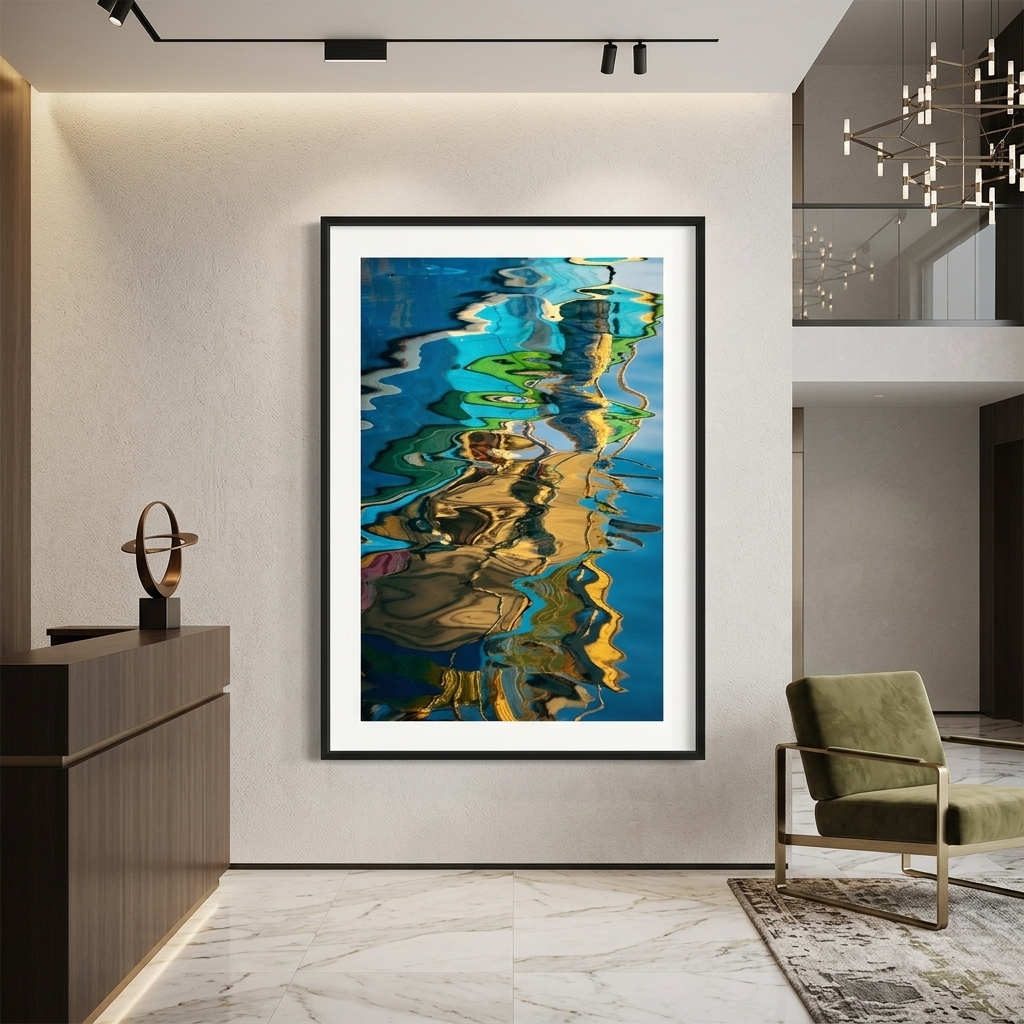 Modern foyer with abstract framed art and green chair