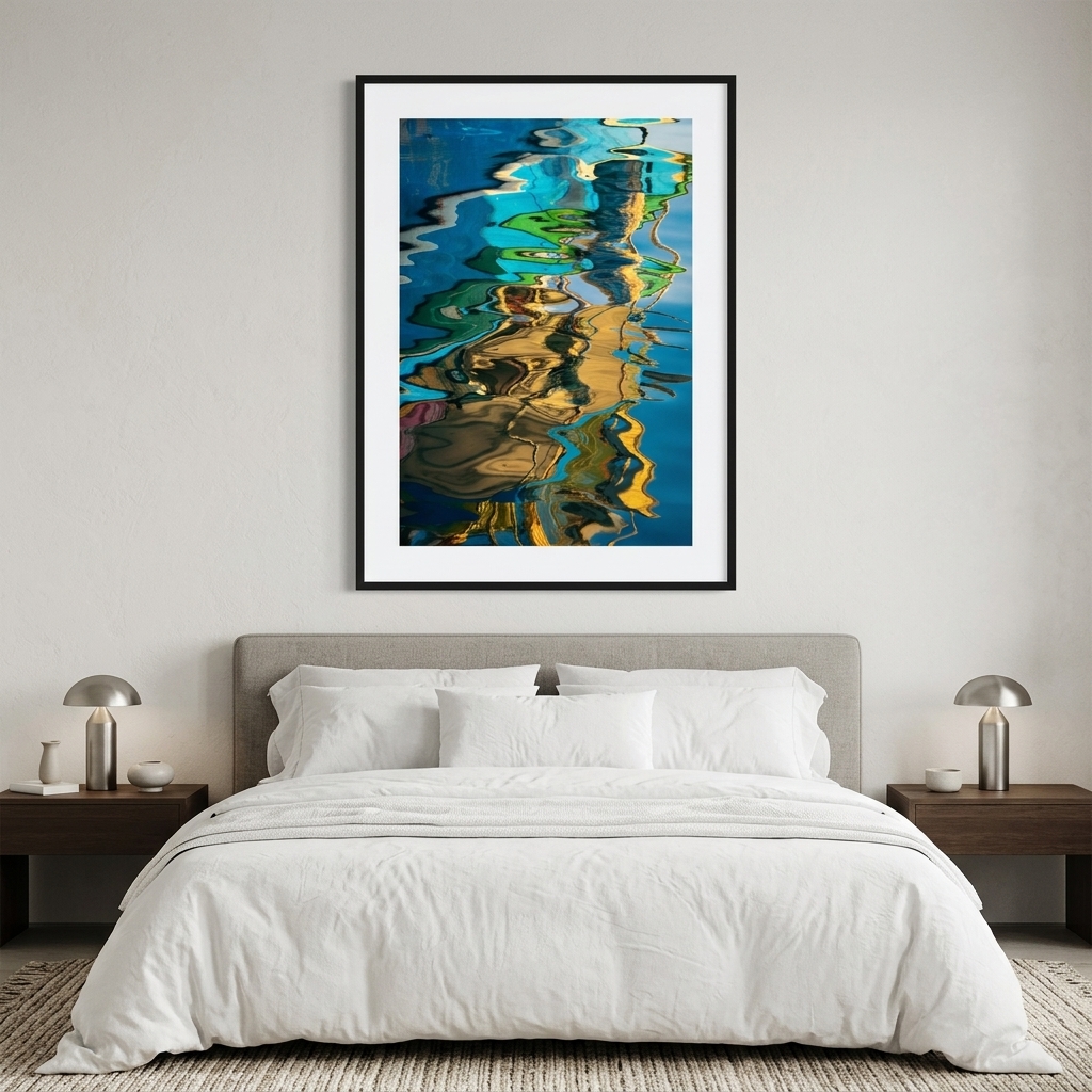 Colorful abstract water reflection artwork above a white bed