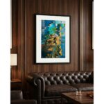 Abstract blue artwork above brown leather Chesterfield sofa