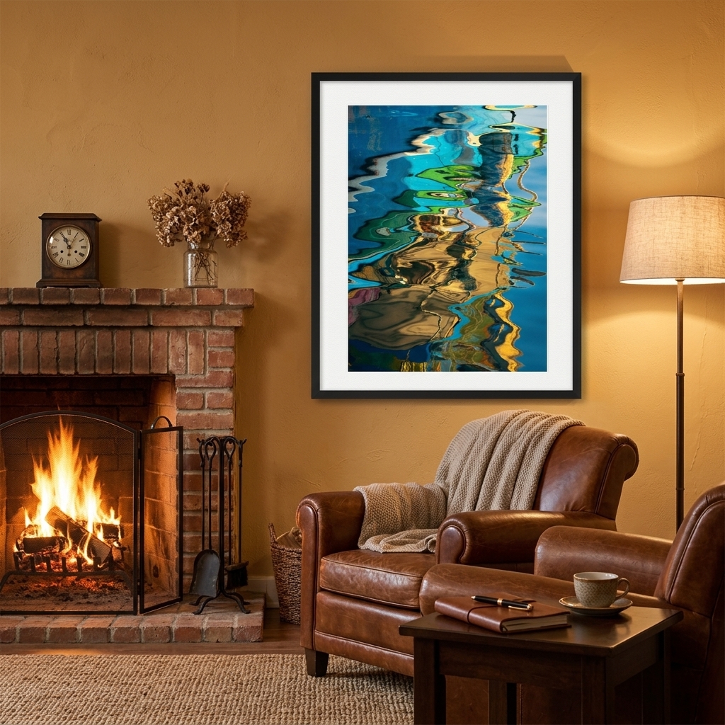 Cozy living room with fireplace, leather chairs, and artwork