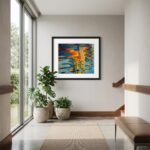 Modern hallway with colorful framed art and potted plants