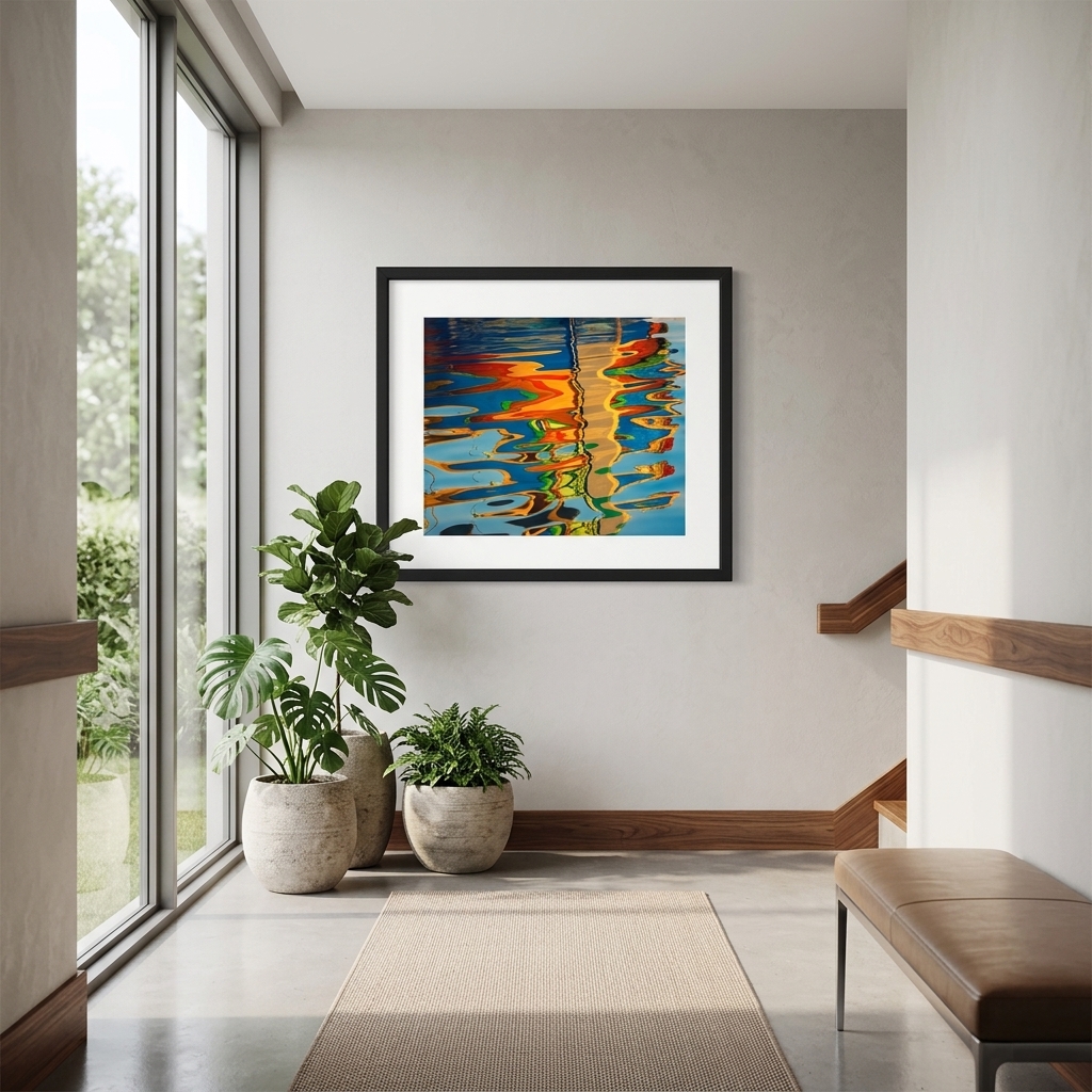 Modern hallway with colorful framed art and potted plants