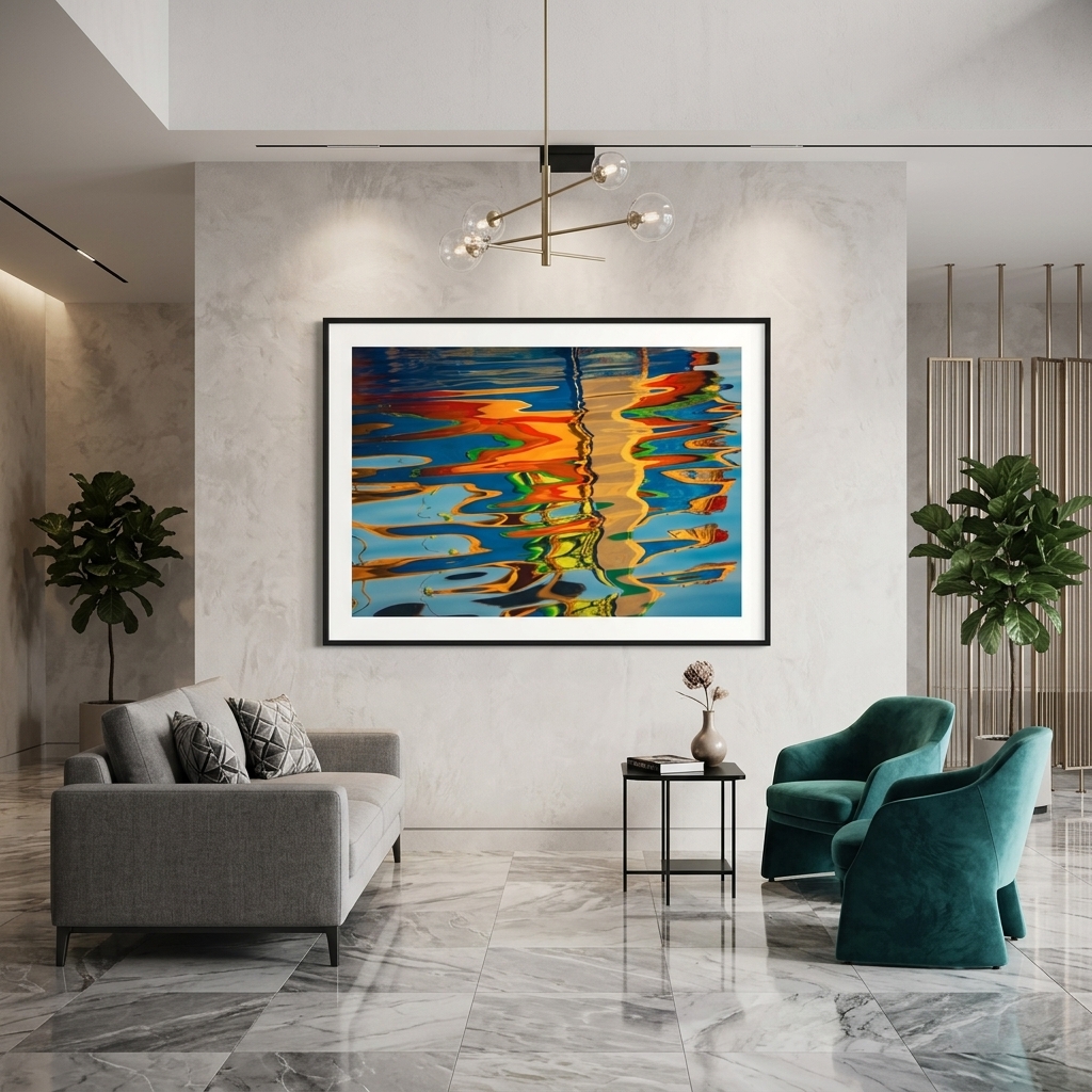 Modern living room with colorful abstract wall art