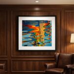 Colorful abstract artwork above leather chair on wood-paneled wall