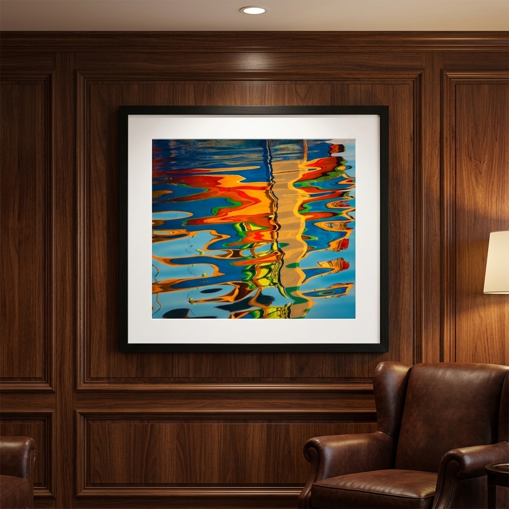 Colorful abstract artwork above leather chair on wood-paneled wall