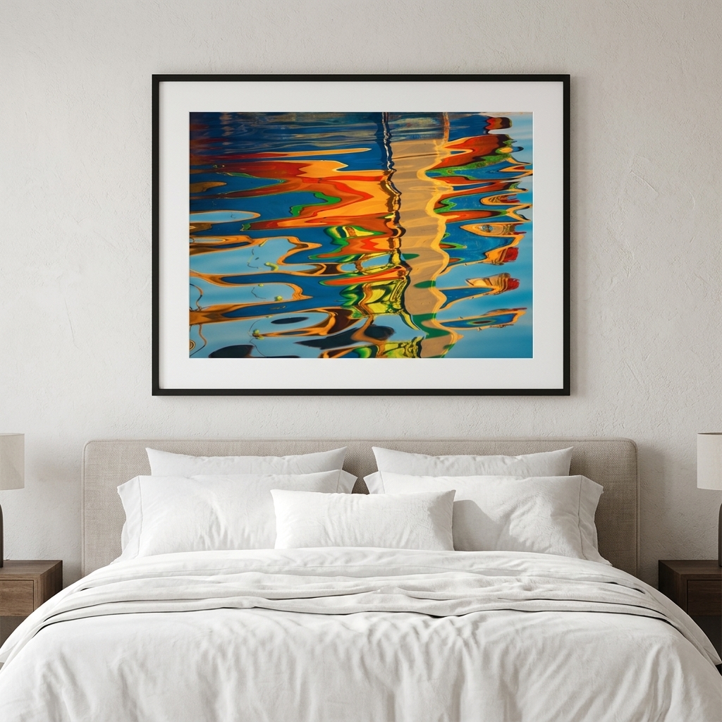 Colorful abstract water reflection artwork above white bed