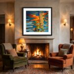 Cozy living room with fireplace and colorful abstract art