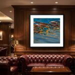 Framed abstract water artwork above leather sofa