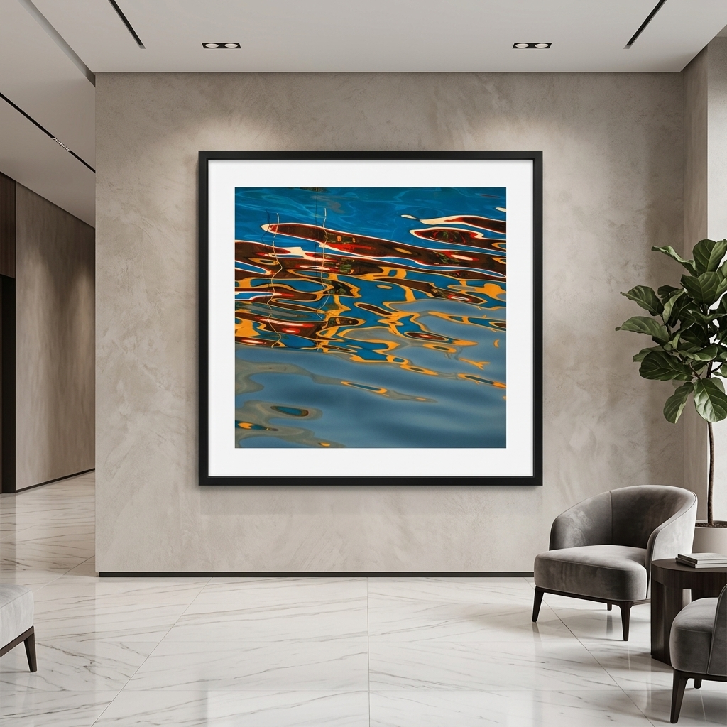 Framed abstract water reflection artwork in a modern lounge