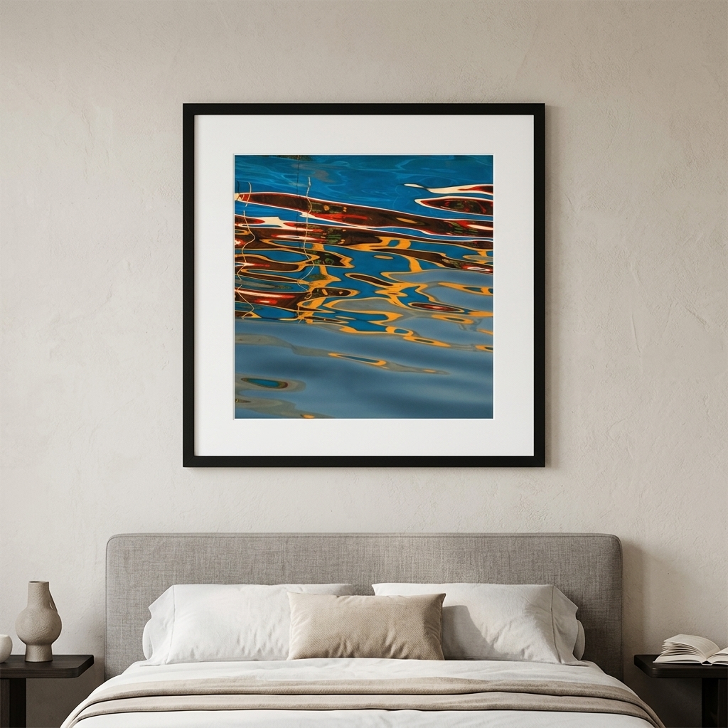Framed abstract water reflection artwork above neutral bed