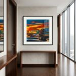 Abstract colorful painting above wooden console in modern hallway