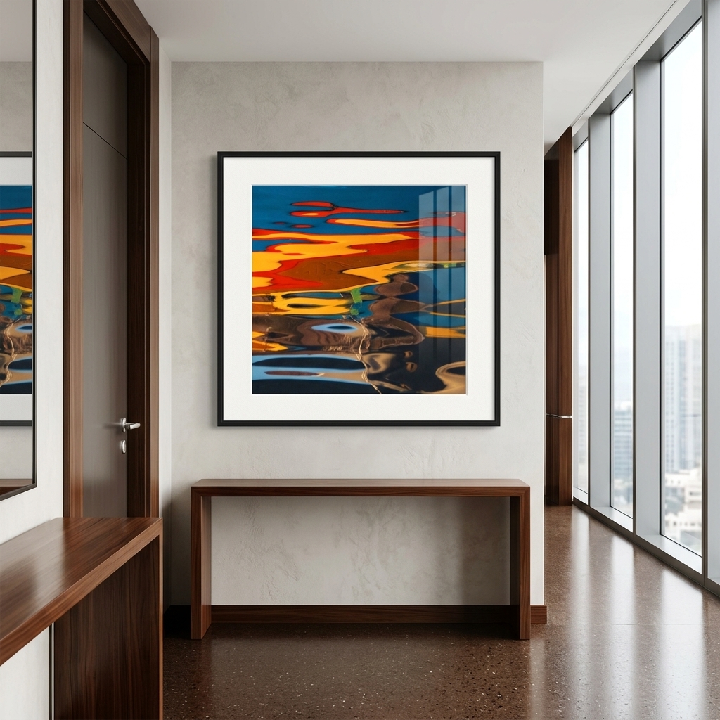 Abstract colorful painting above wooden console in modern hallway