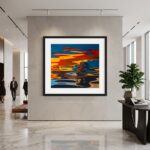 Colorful abstract artwork in a modern marble-floored gallery