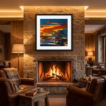 Cozy living room with fireplace and colorful abstract art