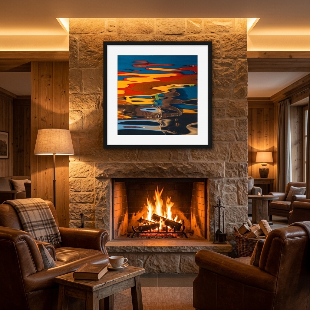Cozy living room with fireplace and colorful abstract art