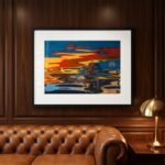 Abstract colorful water reflection artwork above leather sofa