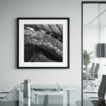 Framed black-and-white rock photograph in modern conference room
