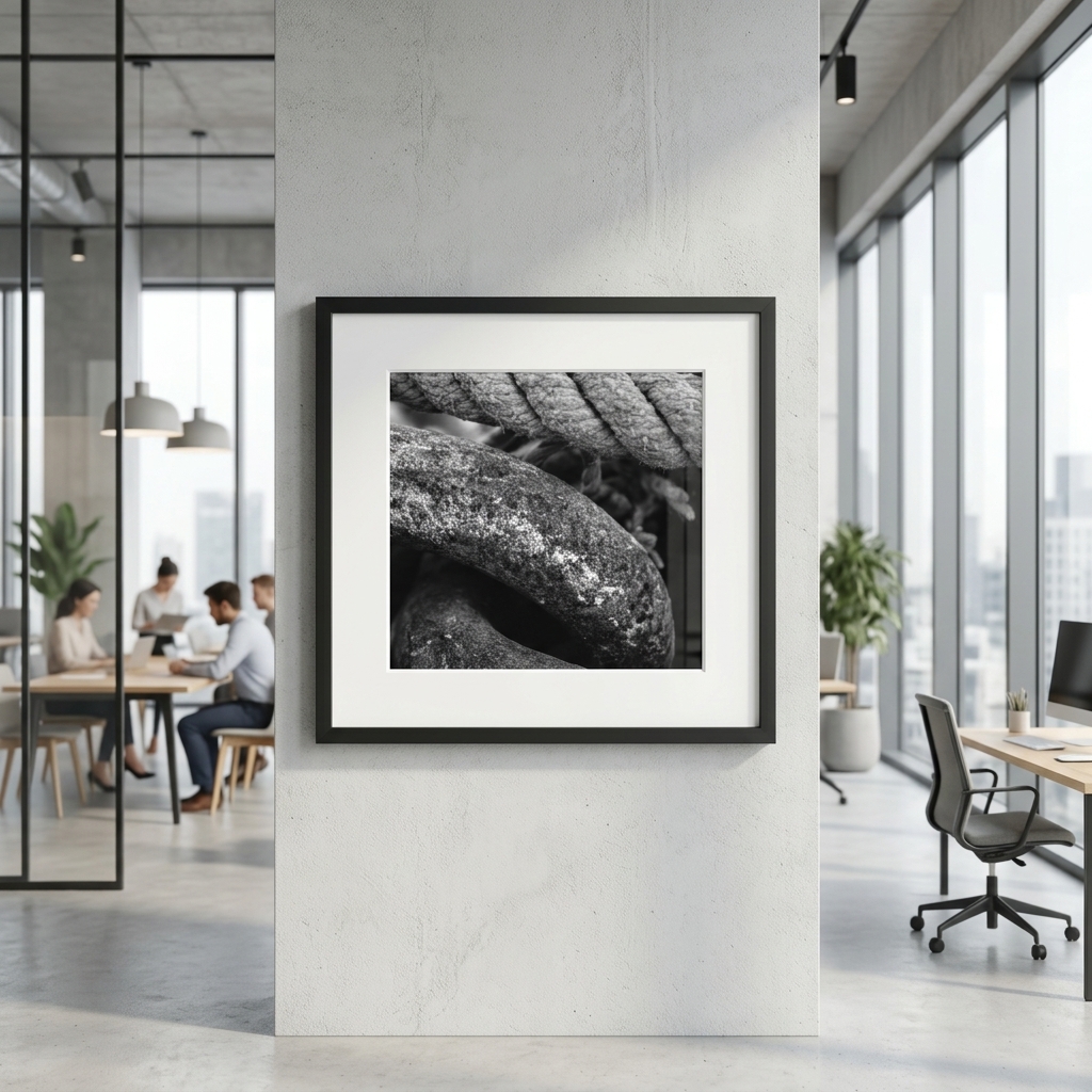 Framed black-and-white abstract photograph in modern office