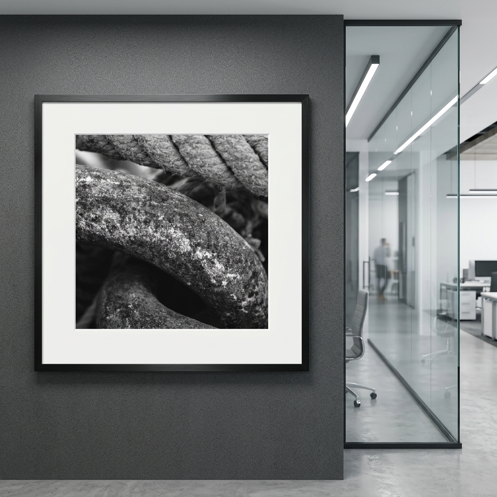 Framed black-and-white textured artwork beside glass office partition