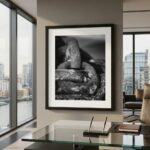 Framed black-and-white seal photograph in modern office