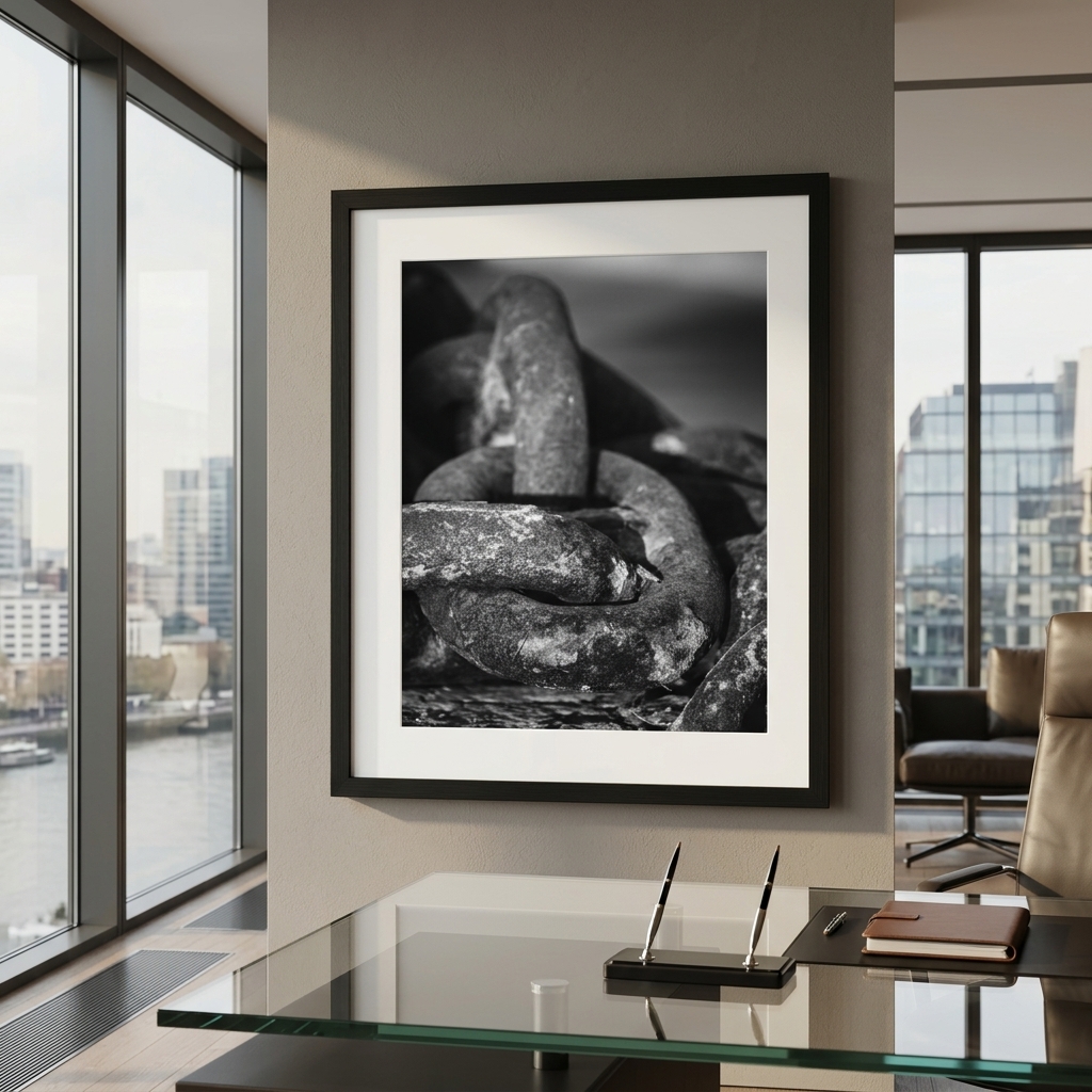 Framed black-and-white seal photograph in modern office