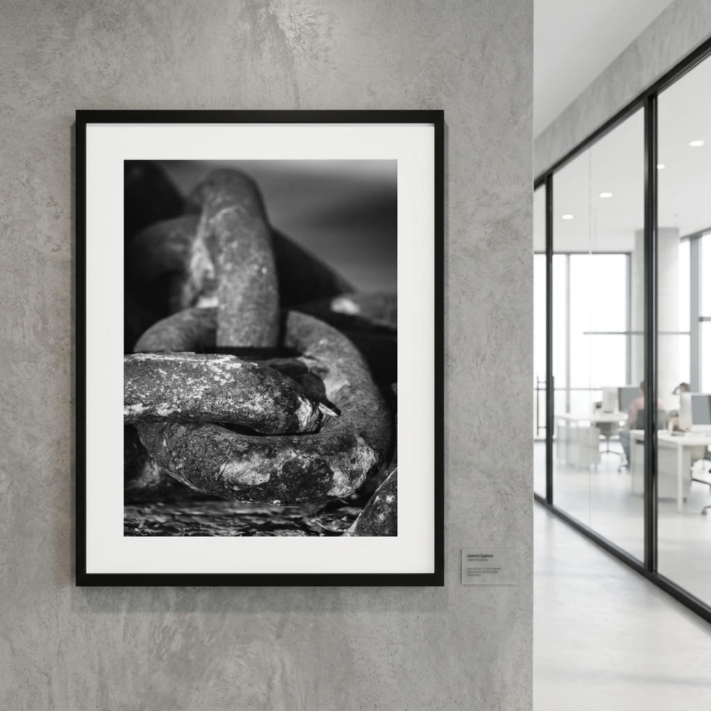 Framed black-and-white seal photograph in modern office hallway