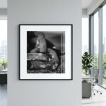 Framed black-and-white snake photograph in modern office