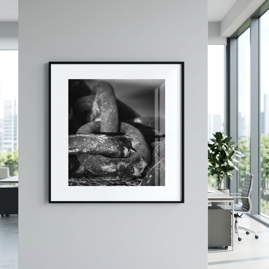 Framed black-and-white snake photograph in modern office
