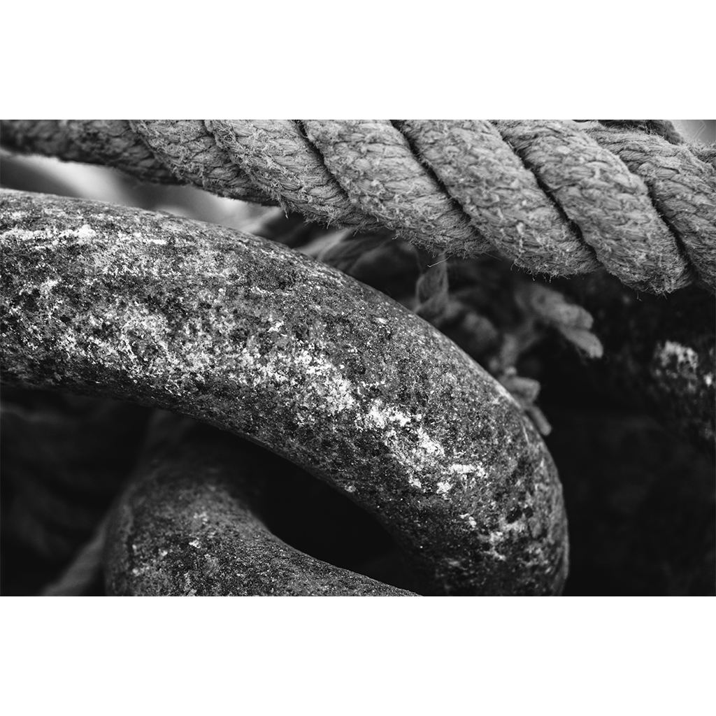 Black-and-white close-up of weathered chain and rope