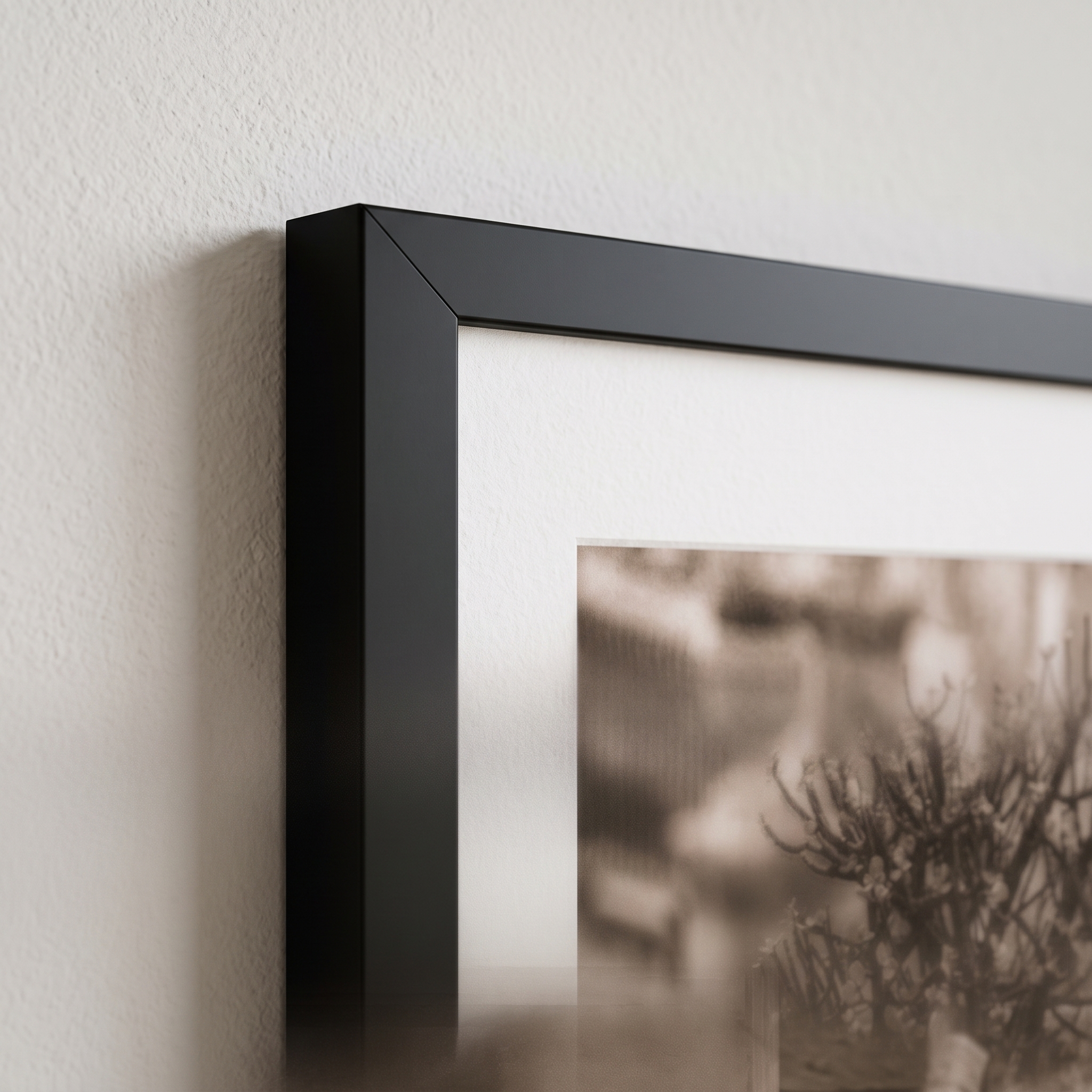 Close-up of matte black picture frame corner