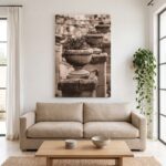 Minimal living room with botanical wall art and trailing plant
