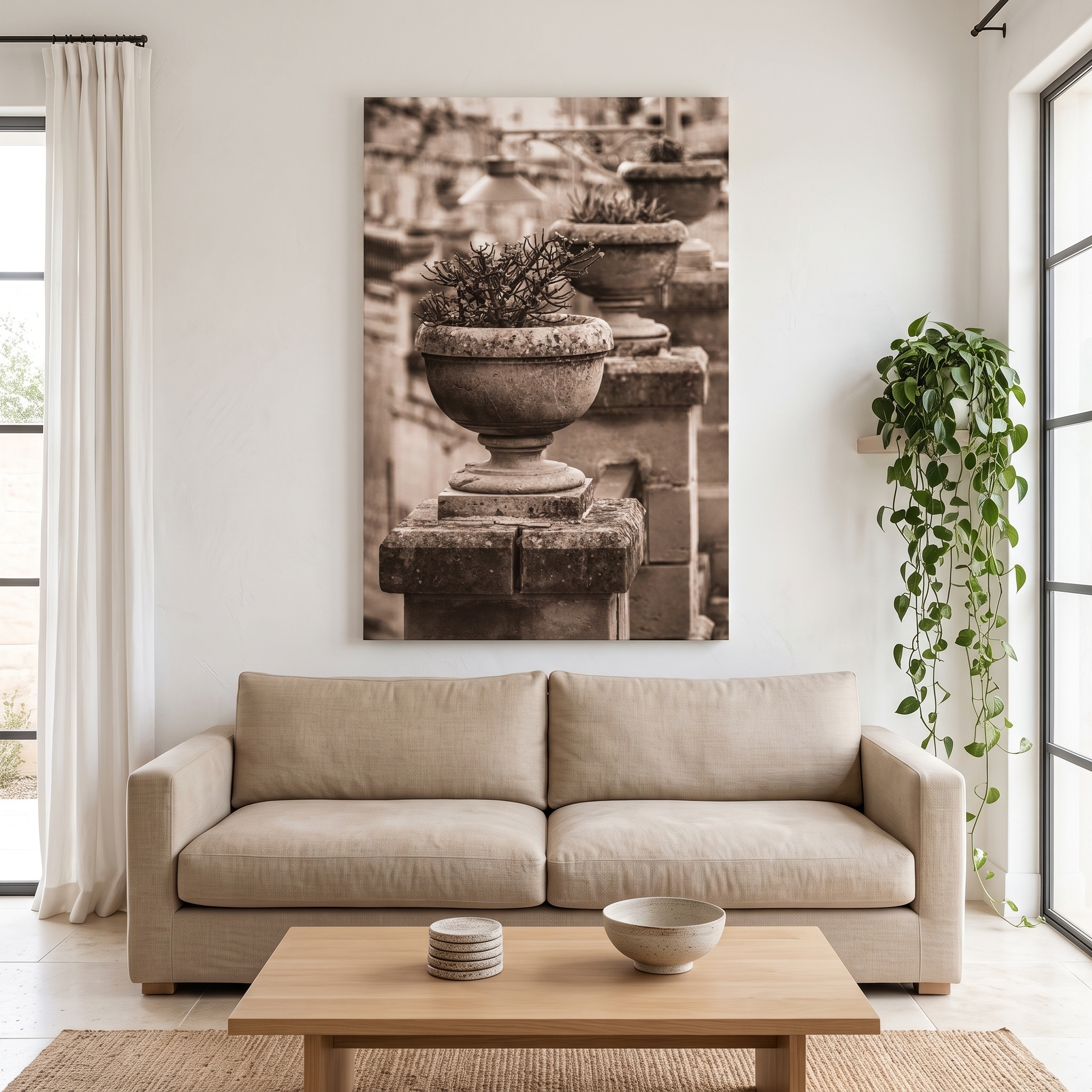 Minimal living room with botanical wall art and trailing plant