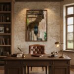 Vintage study with wooden desk, books, and hanging lantern artwork