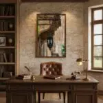 Vintage study with wooden desk, books, and hanging lantern artwork