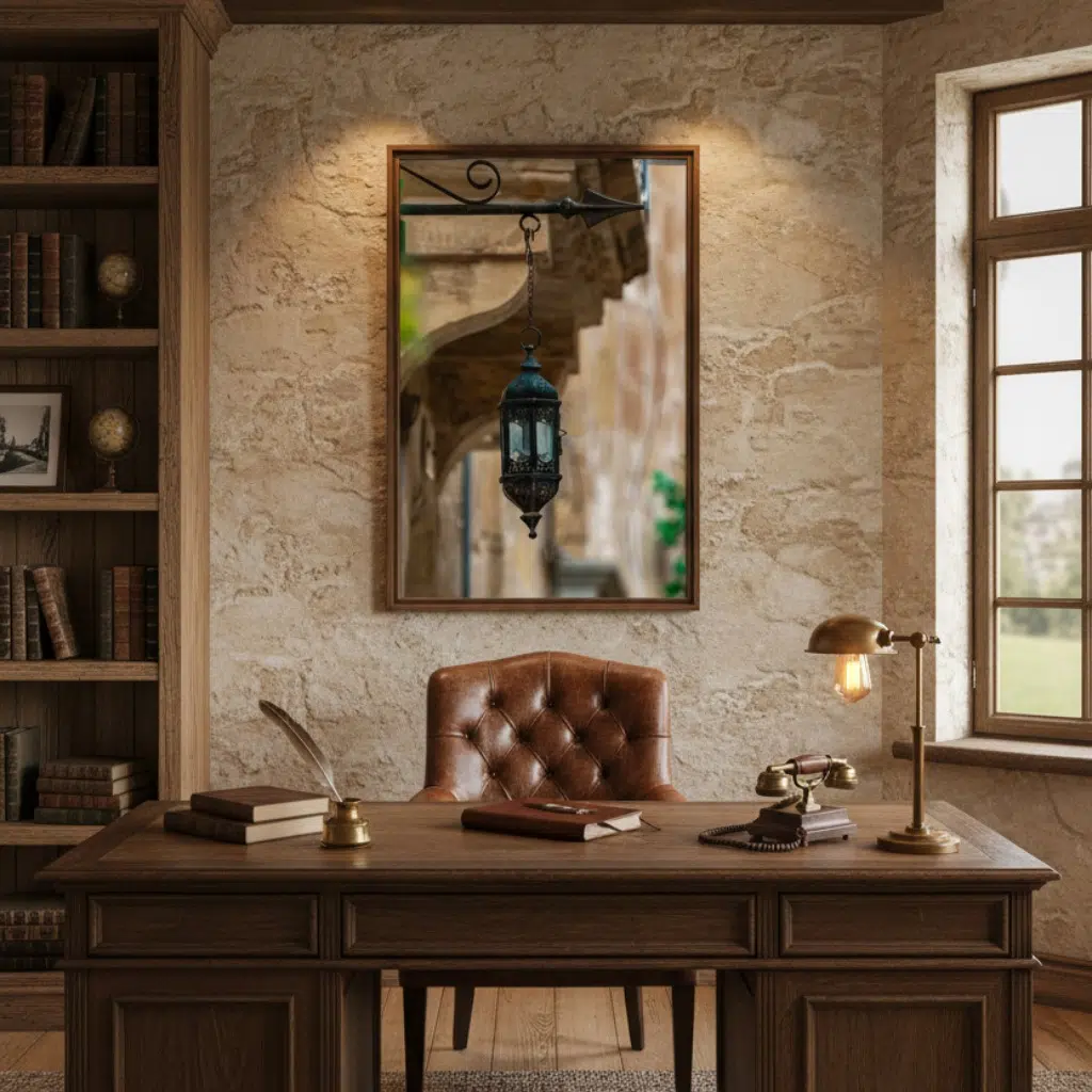Vintage study with wooden desk, books, and hanging lantern artwork