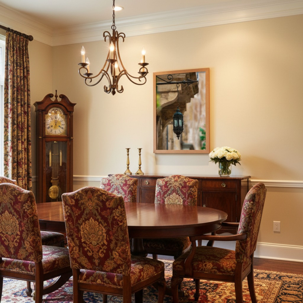 Traditional dining room with chandelier, grandfather clock, and floral chairs