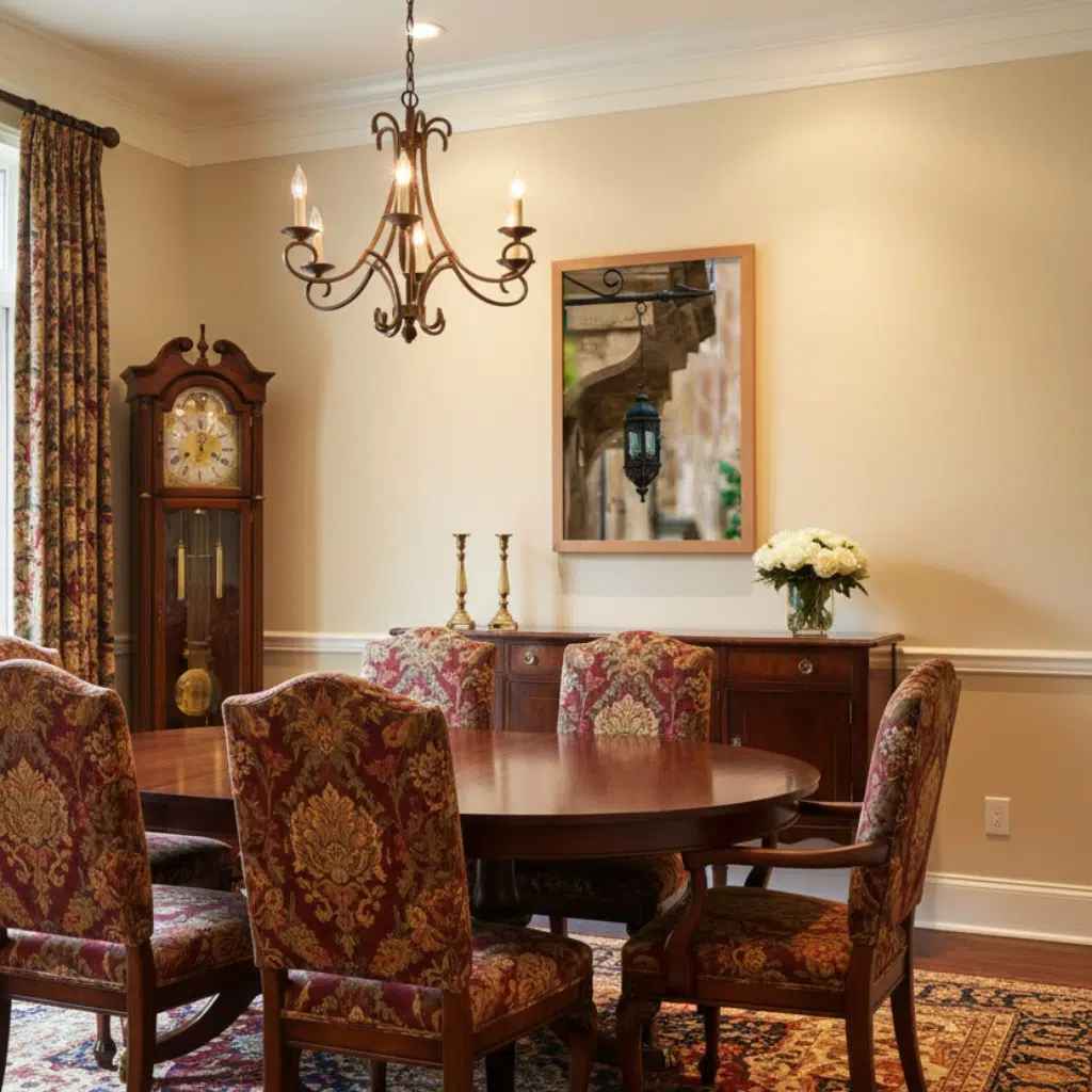 Traditional dining room with chandelier, grandfather clock, and floral chairs