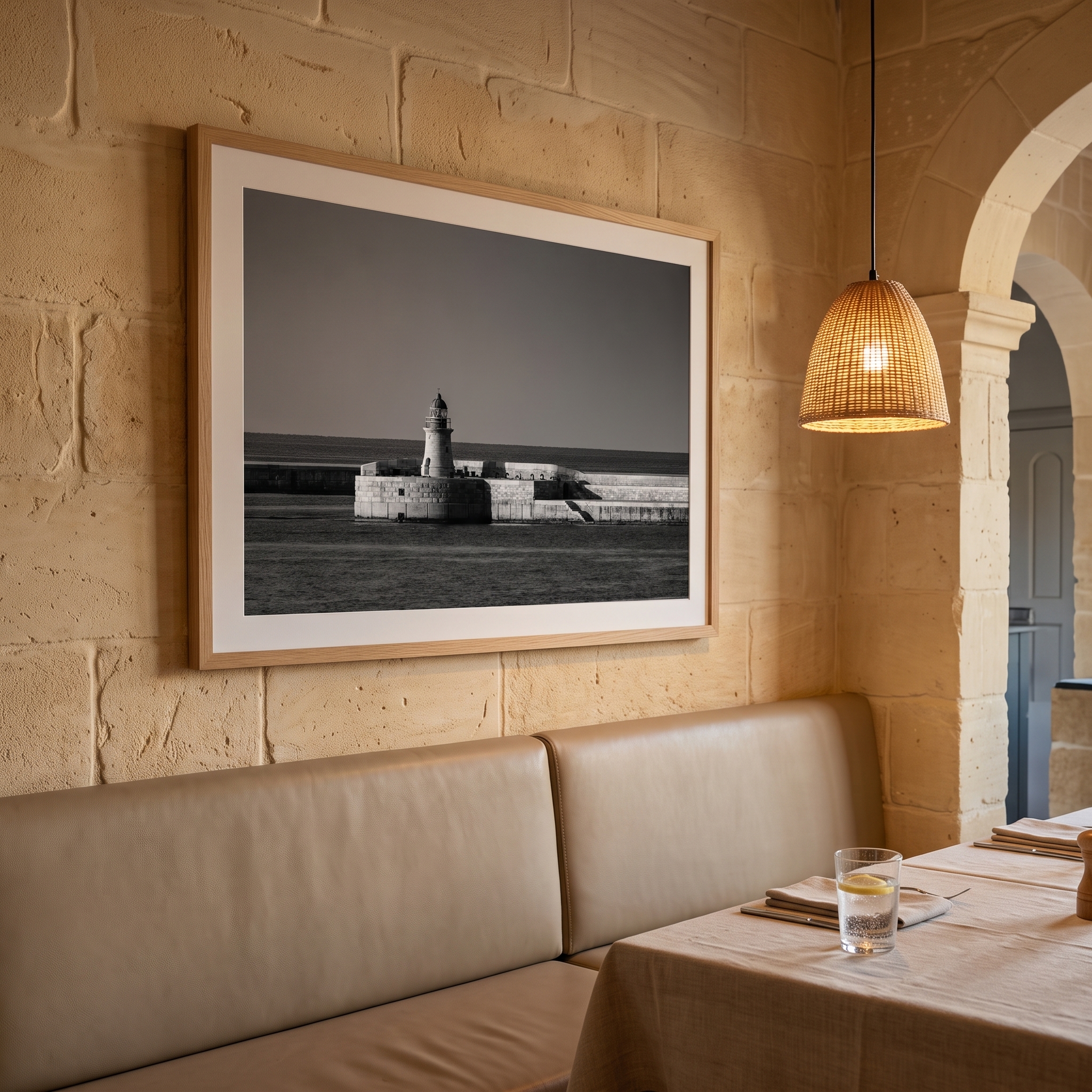 Cozy stone-walled restaurant booth with lighthouse photograph