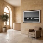 Elegant stone interior with arched window and lighthouse artwork