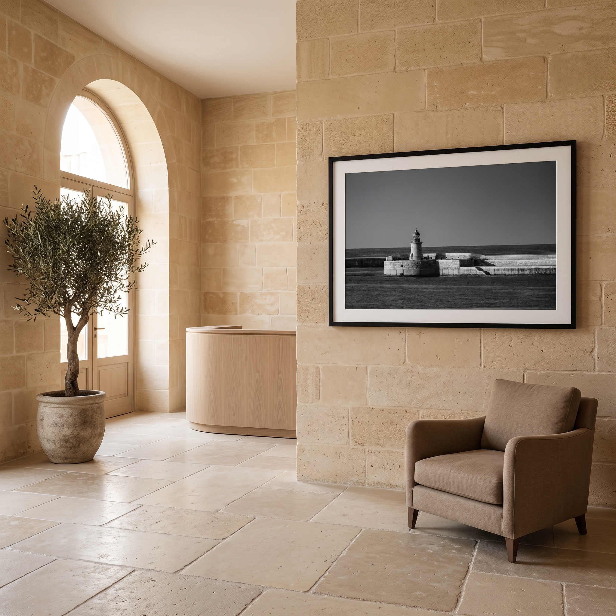 Elegant stone interior with arched window and lighthouse artwork