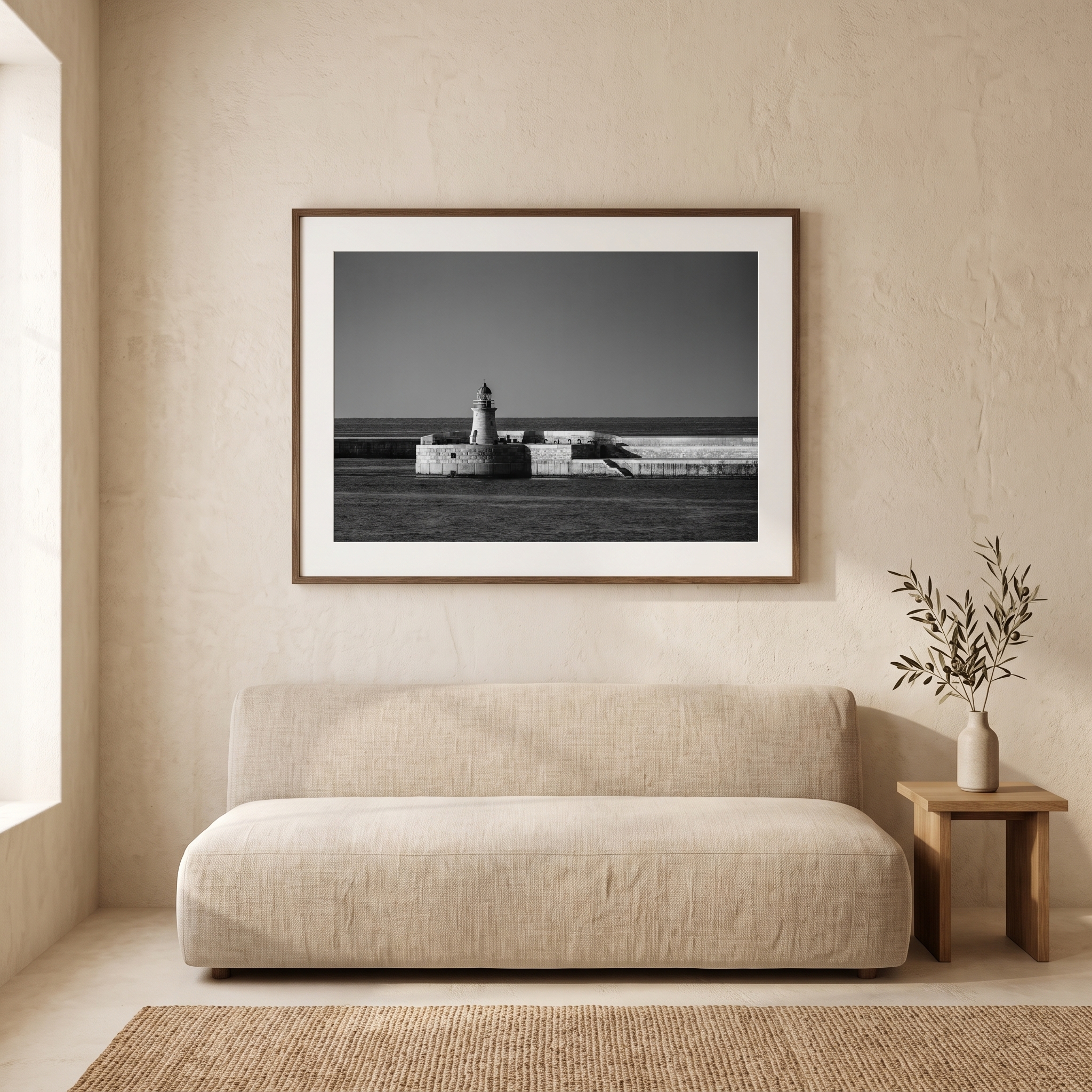Minimalist living room with lighthouse photograph above cream sofa