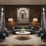 Elegant dark wood living room with green sofa