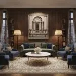 Elegant dark wood living room with green sofa