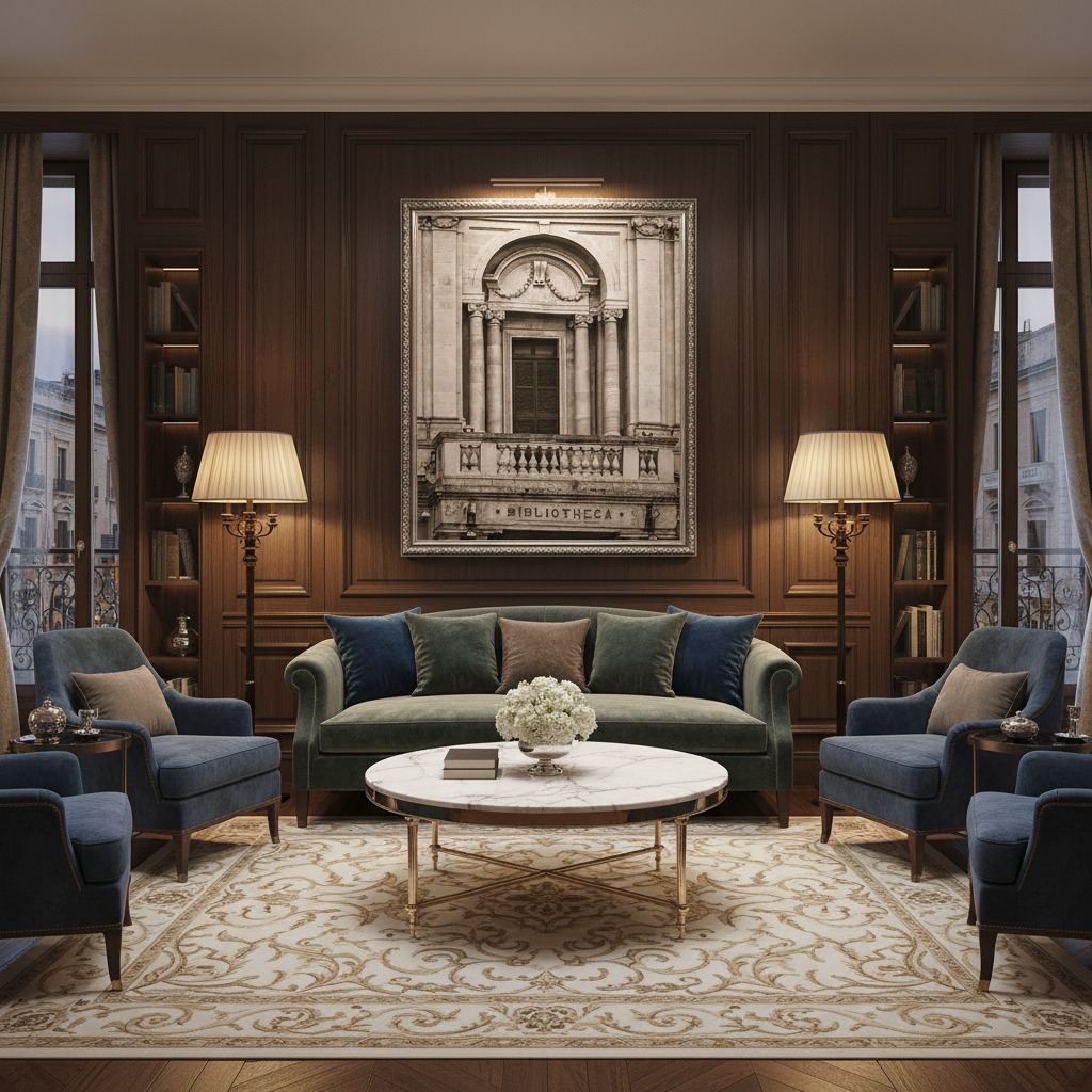 Elegant dark wood living room with green sofa