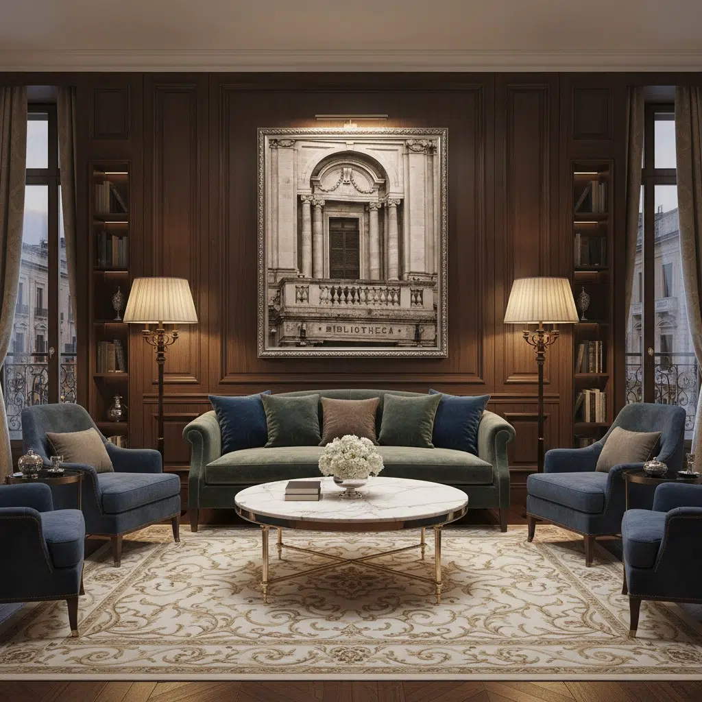 Elegant dark wood living room with green sofa
