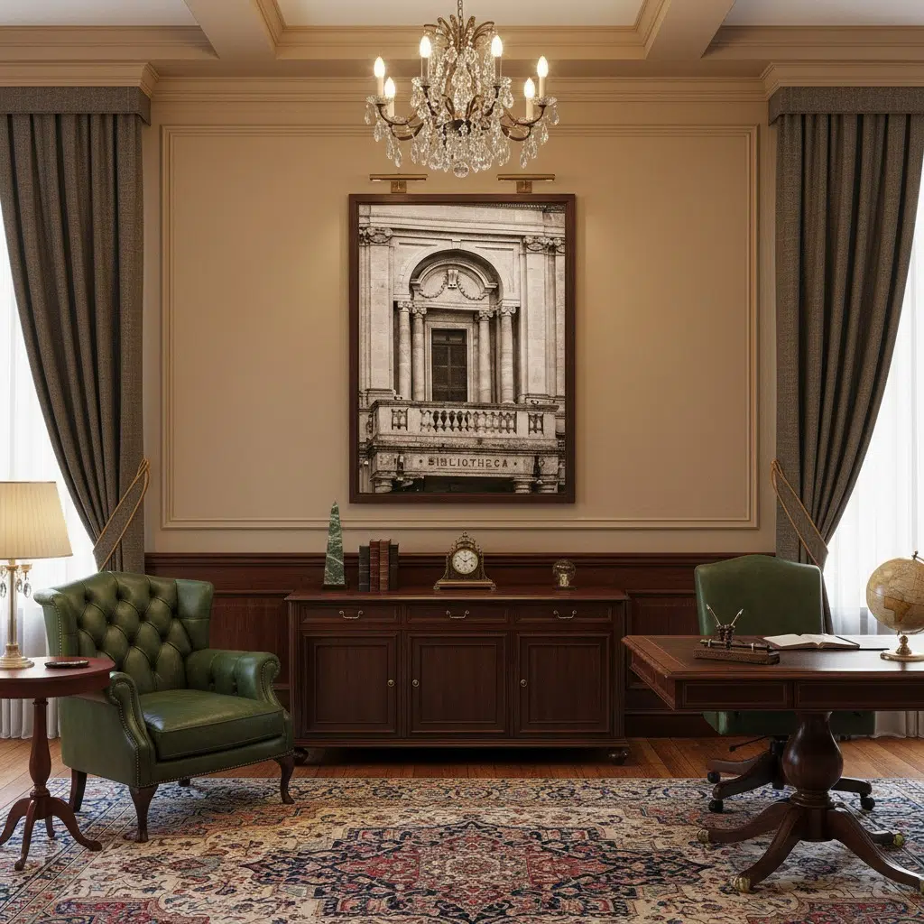 Elegant traditional office with green leather chair and chandelier