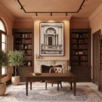 Classic home library with desk, fireplace, and bookshelves